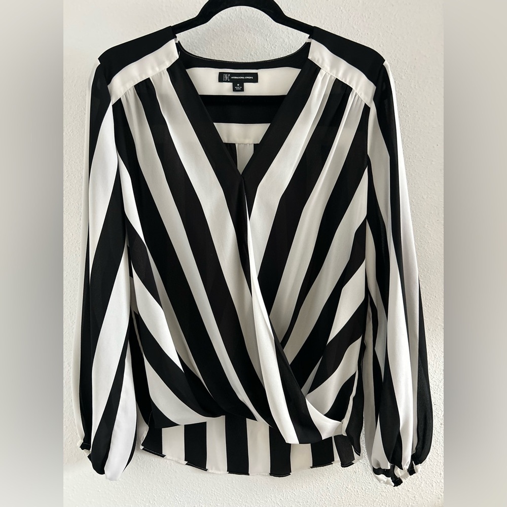 INC International Concepts Black and White Striped Faux-Wrap Blouse